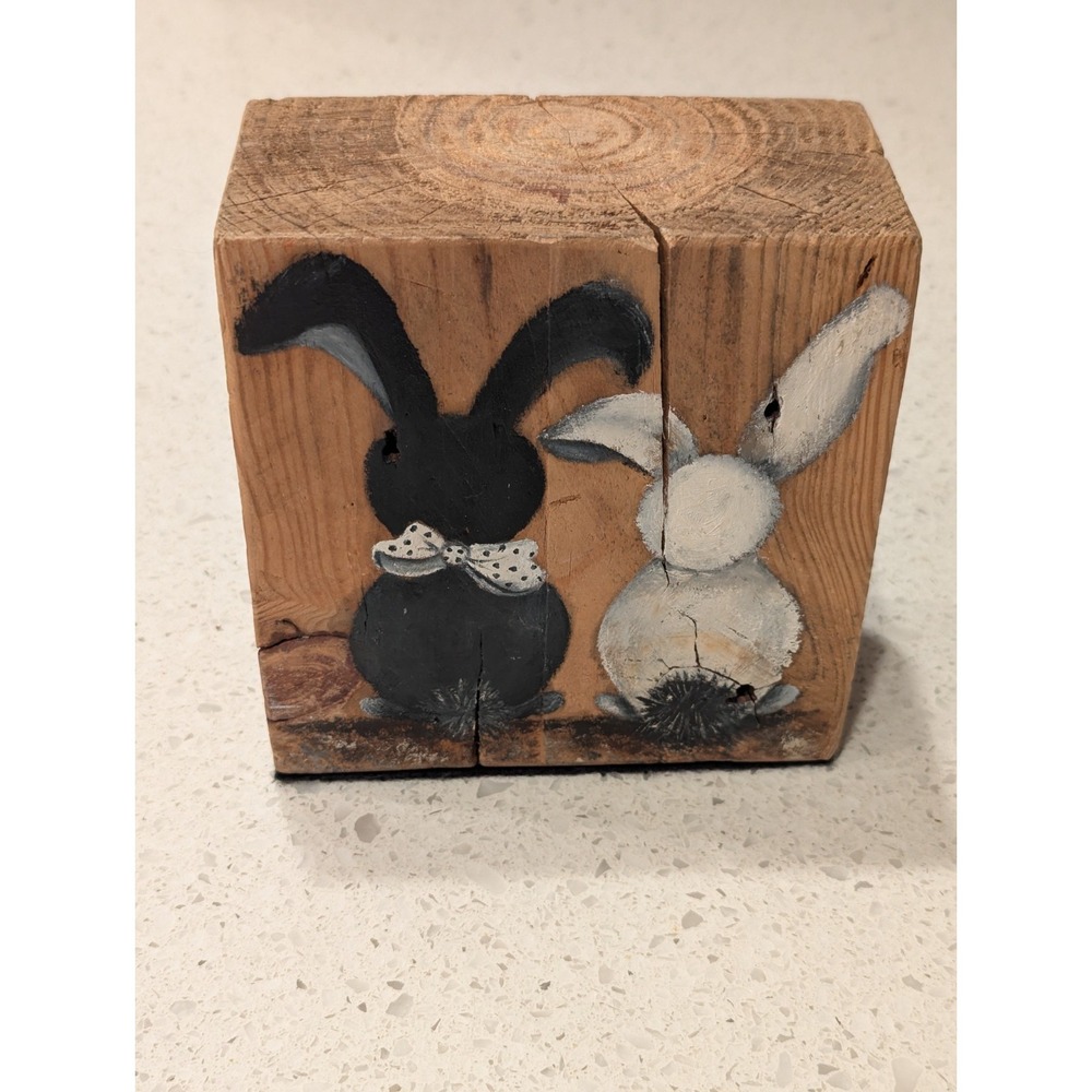VTG HAND PAINTED BUNNY TABLE SHELF DECOR SPRING EASTER RECLAIMED WOOD RUSTIC